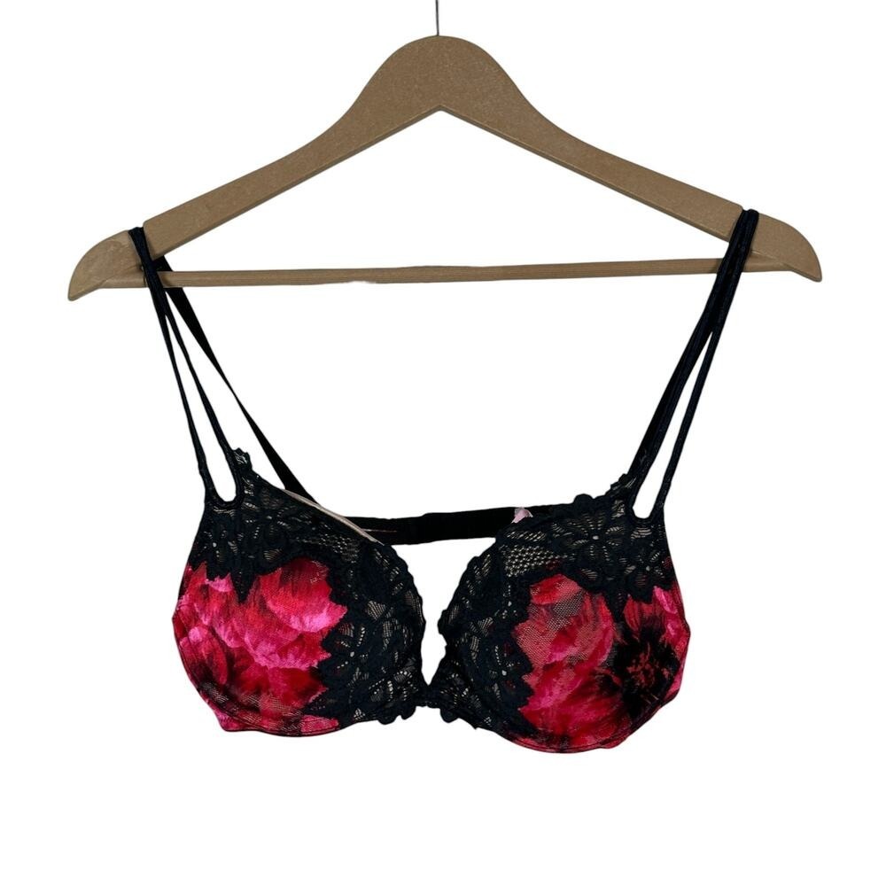 Victoria's Secret Floral Lace Push Up Bra Red Black Romantic Plunge Size 36B